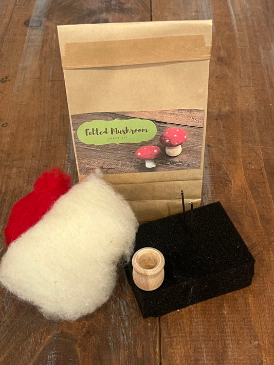 All materials included in a needle felted craft kit: wool roving, bean pot, felting foam, two felting needles and instructions created by Caron Designs