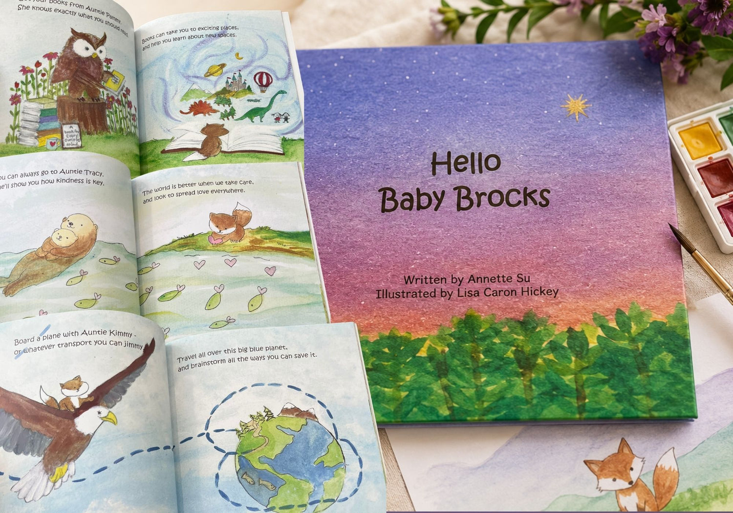 Cover and interior illustrations from the children's book Hello Baby Brocks, illustrated by Lisa Caron Hickey and written by Annette Su.