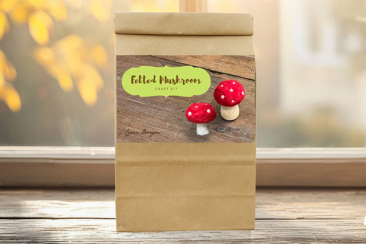 DIY craft kit to create a needle felted mushroom(s) with wool roving, felting needles, and a bean pot by Caron Designs