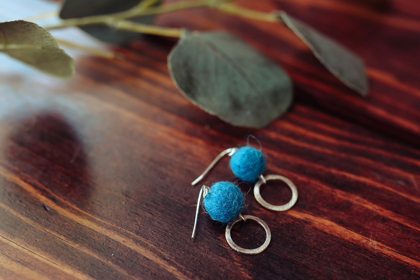 Silver Hoop with Wool Felted Ball Earrings