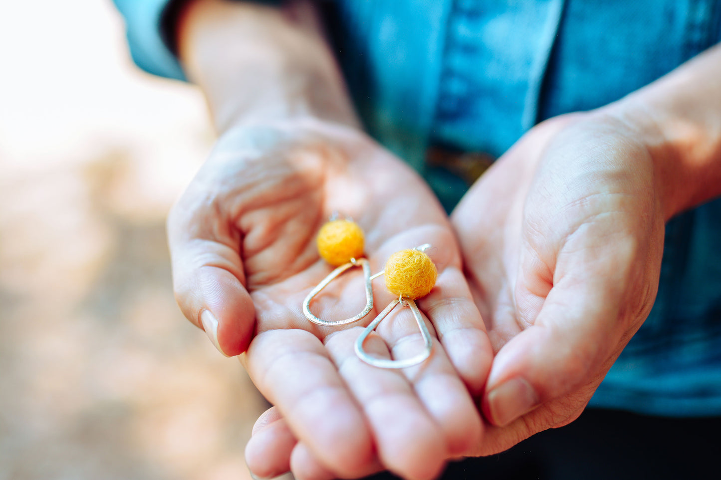 Silver Hoop with Wool Felted Ball Earrings