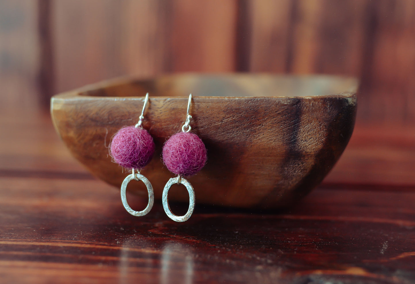 Silver Hoop with Wool Felted Ball Earrings