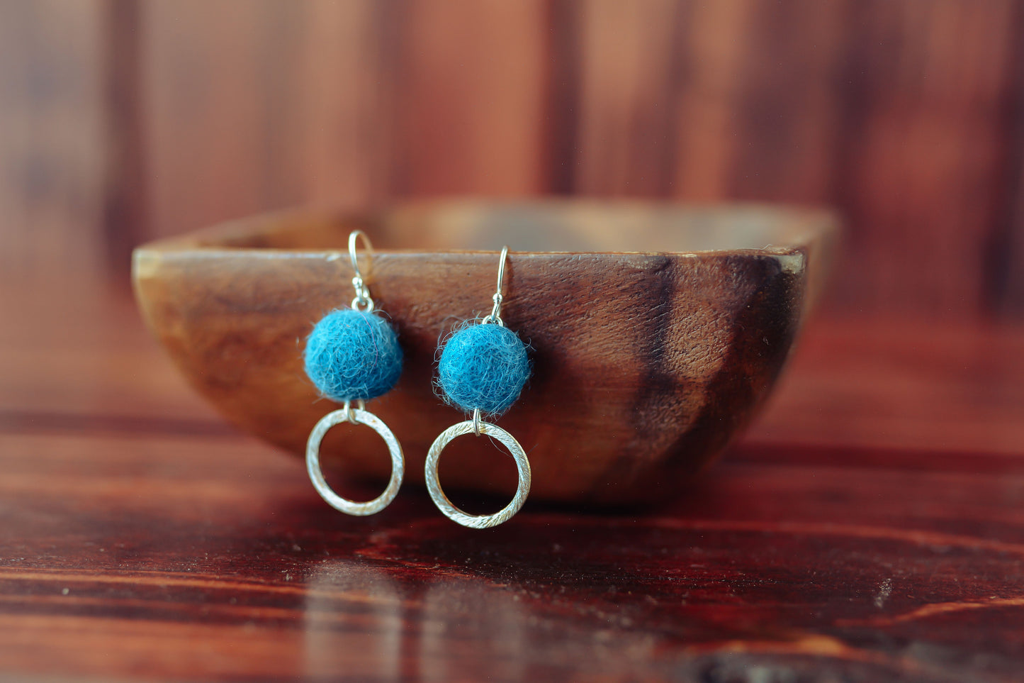 Silver Hoop with Wool Felted Ball Earrings
