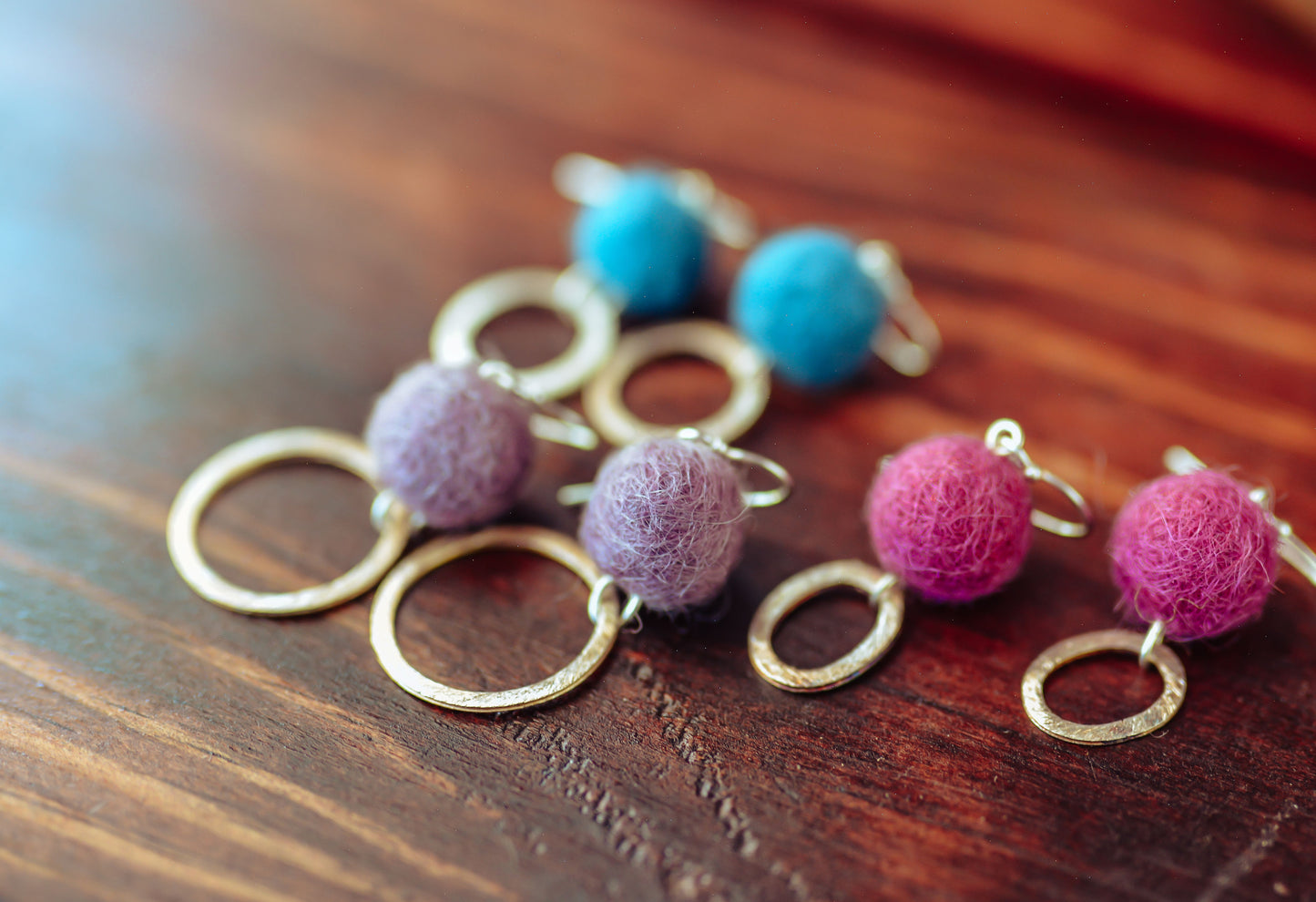 Silver Hoop with Wool Felted Ball Earrings