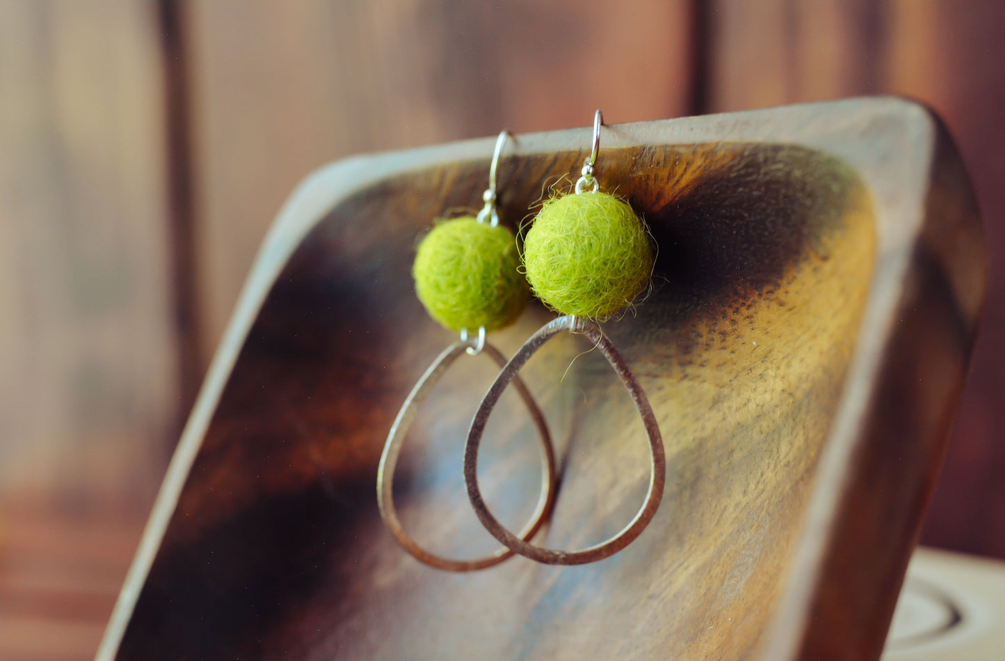 Silver Hoop with Wool Felted Ball Earrings